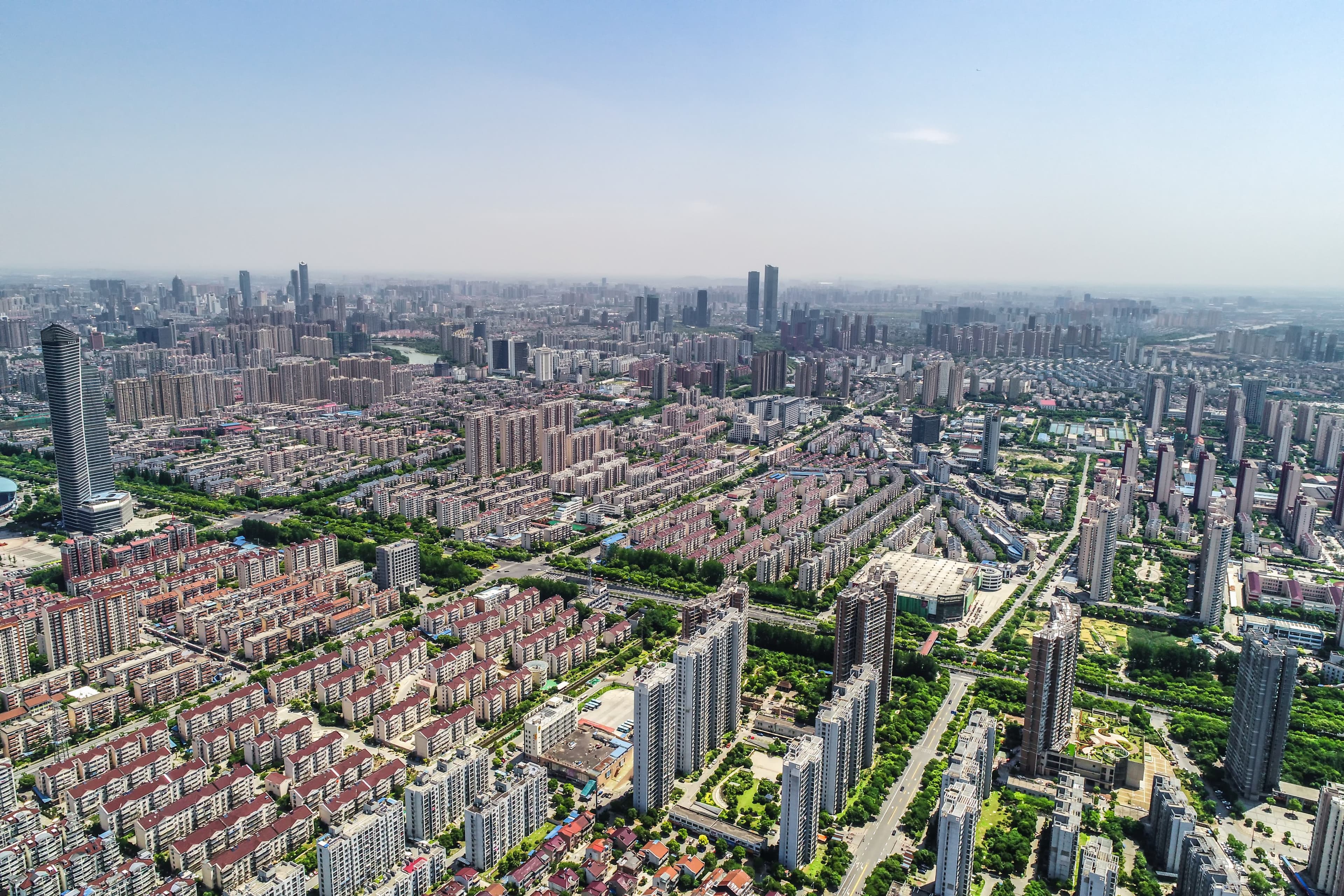 Aerial view of a commercial district